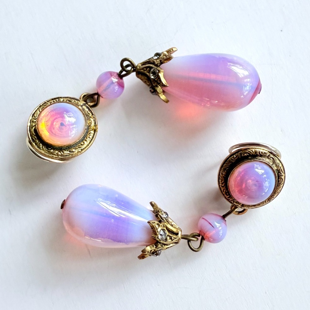 Vintage French Couture Gilt Metal, Rhinestone, Pink Opaline Glass Drop Earrings